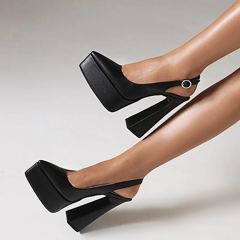 LIHUAMAO Pumps High Heel Shoes Women Sandals Slingback Heel Pointed Toe Ankle Strap Platform Shoes Party Office Lady Chunky Heel