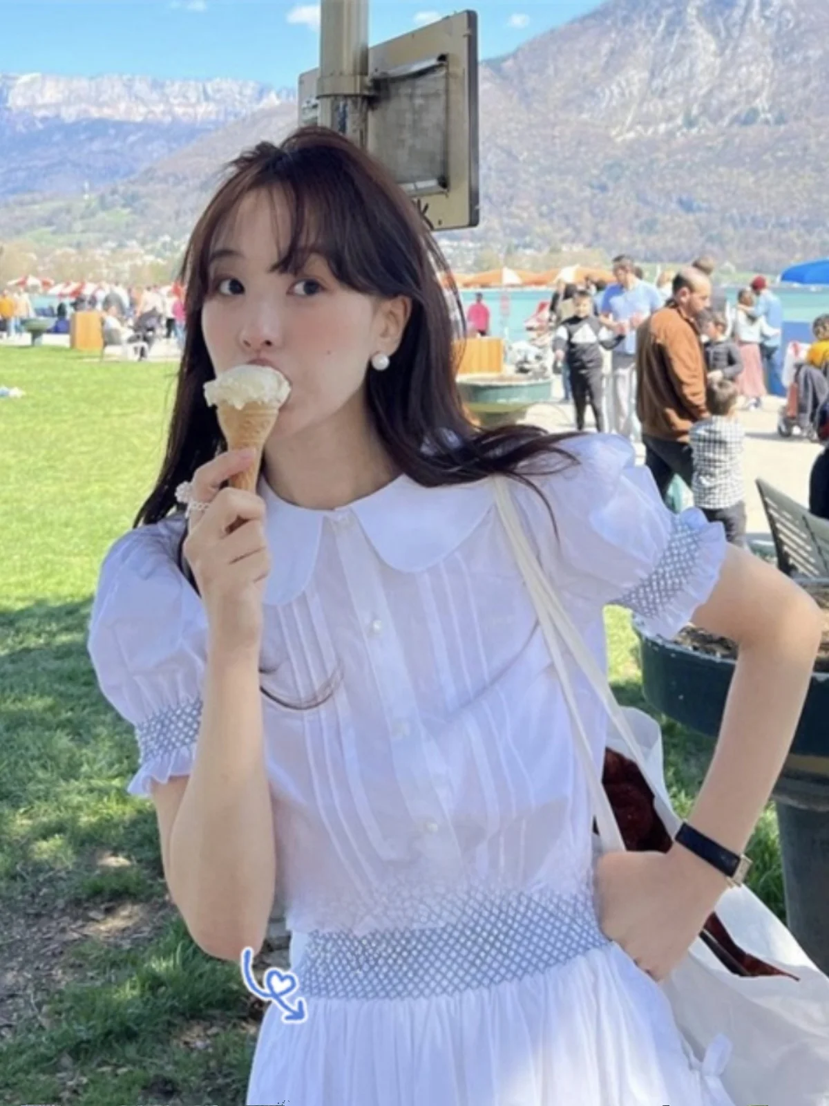 

Fletta Summer 2023 White Doll Collar Bubble Sve irt Skirt Set Women's Korean Sle Straight Cut Cotton Blend ort Sve