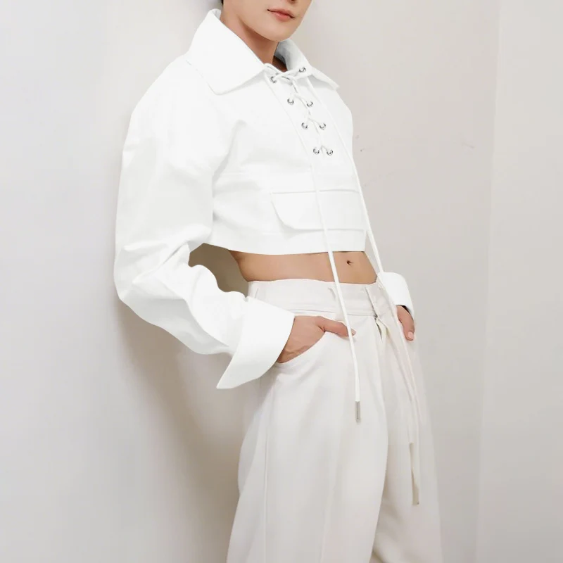 

INCERUN Мужская рубашка, однотонная мужская рубашка с лацканами и длинным рукавом на шнуровке, уличная одежда, свободные модные повседневные мужские укороченные топы 2025 года, S-3XL