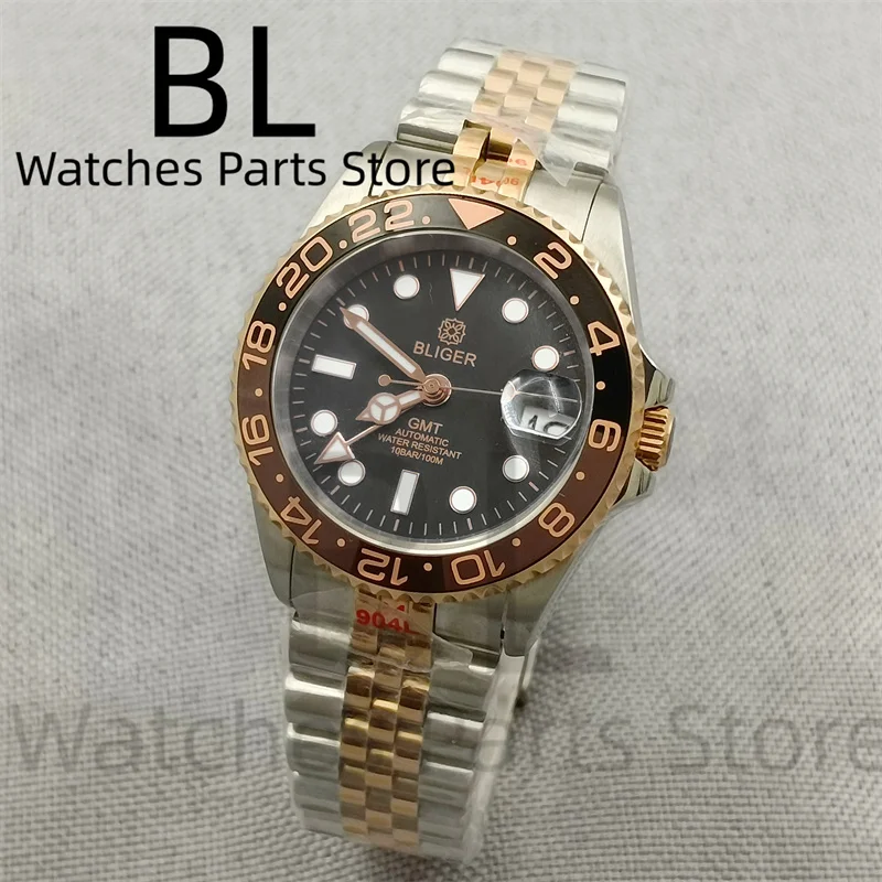 BLIGER 38mm Two Tone Gold Rootbeer GMT Automatic Men Dive Watch NH34 Movement Sapphire Glass Ceramic Bezel Waterproof Slide Lock
