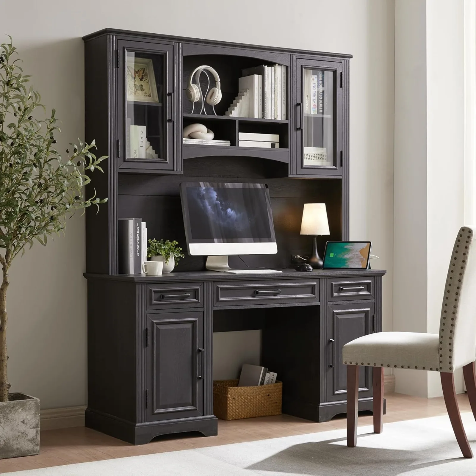 

US Farmhouse 76" Height Computer Desk with Hutch, Office Desk with Charging Station, Drawers and Storage