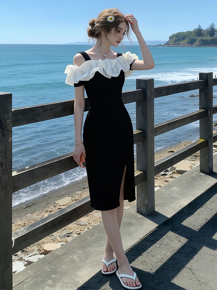 

Elegant Short Sleeve Shoulder Bared Dress Women's Commute Slimming Waist Midi Skirt Polyester Fiber Casual Style Sport Scene