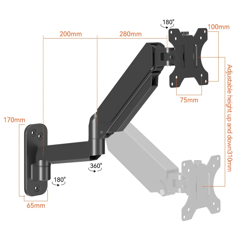 

Настенный кронштейн для монитора HILLPORT 17-32 дюйма, вращающаяся опора, газовая пружина, светодиодный ЖК-телевизор, пожалуйста, наклонное крепление для ПК, шарнирный Soporte W1