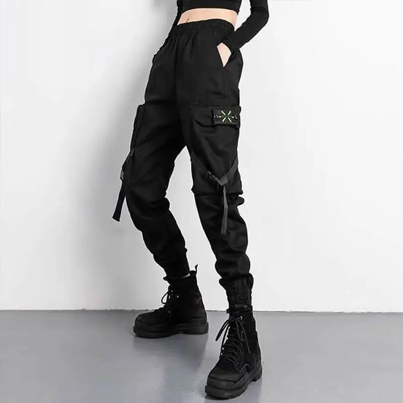 Neue Frauen Cargo Hosen Ins Harem Hosen Mode Punk Taschen Jogger Hosen Kette Harajuku Gummi Hohe Taille Streetwear Y18