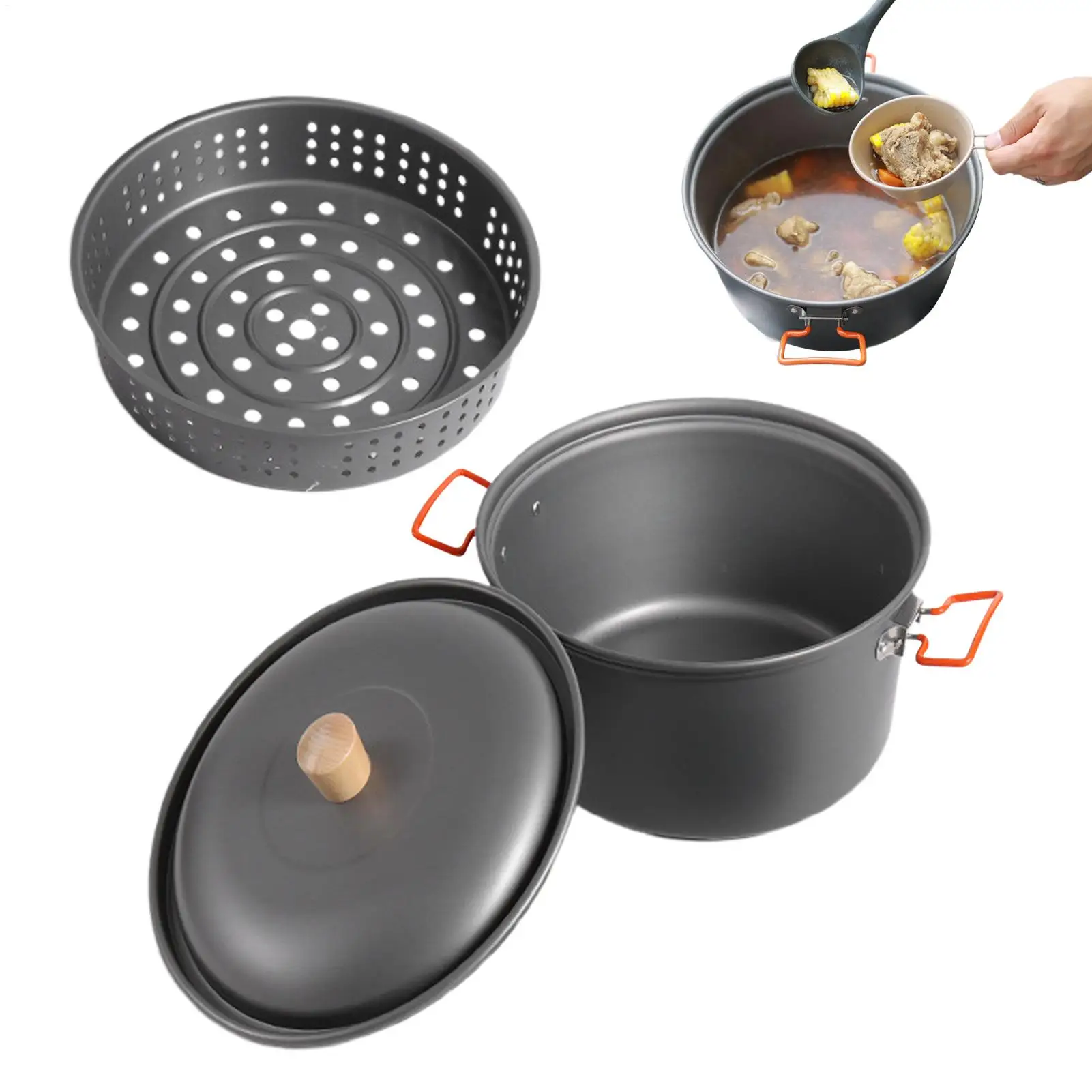 

7.5L Portable Camping Steamer Backpacking Pot Picnic Aluminum Alloy Cooking Pot Stew Frying Pan Kettle Set Boiler Steamer Cooker