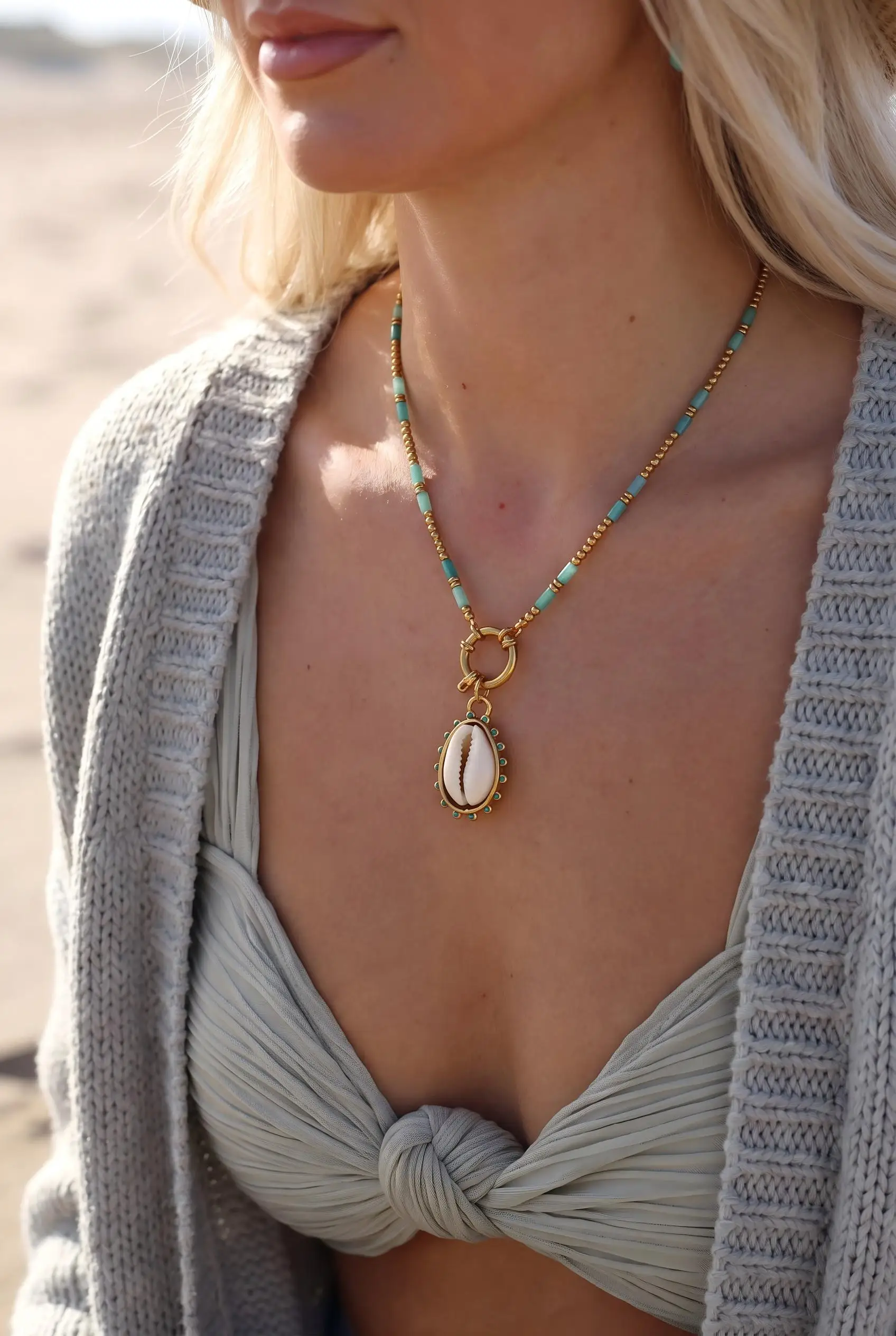 Peri'sbox Beach Style Shell Rhinestone Pendant Natural Stone Bead Necklace Women's Ocean Series Vacation Jewelry Accessorie Gift