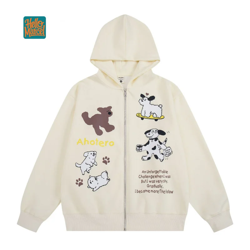 HELLOMARCEL EU US Size Fun Animal Print Zip-Up Hoodie For Men Women Autumn Oversize Casual Travel Street Colleague Zip Hoodie