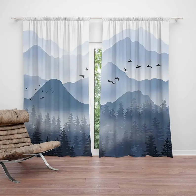 Blue Mountain Forest Curtains Nature Lover Bedroom Curtain Black Hiking Home Decor Curtains Living Room Curtains Gift for Hiker
