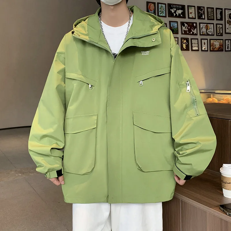 

Мужская демисезонная куртка свободного кроя цвета оливы/авокадо, повседневная, с капюшоном, на молнии, молодежная, модная, для активного отдыха/работы