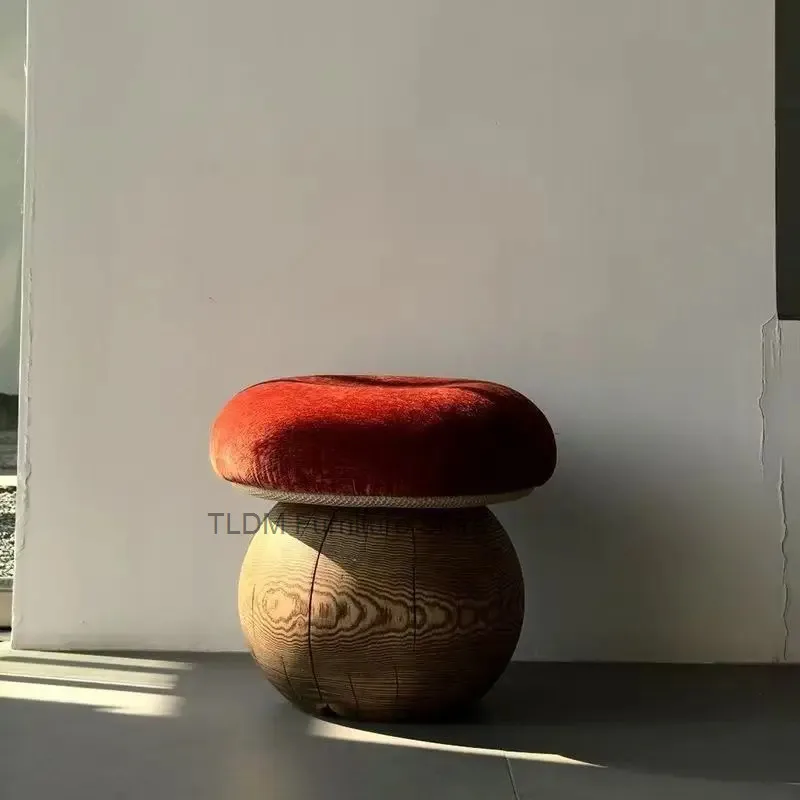 Mushroom Shaped Stool,Wood Base Plush Round Cushioned Top Creative Accent Footrest Side Table for Living Room Bedroom Entryway view 2