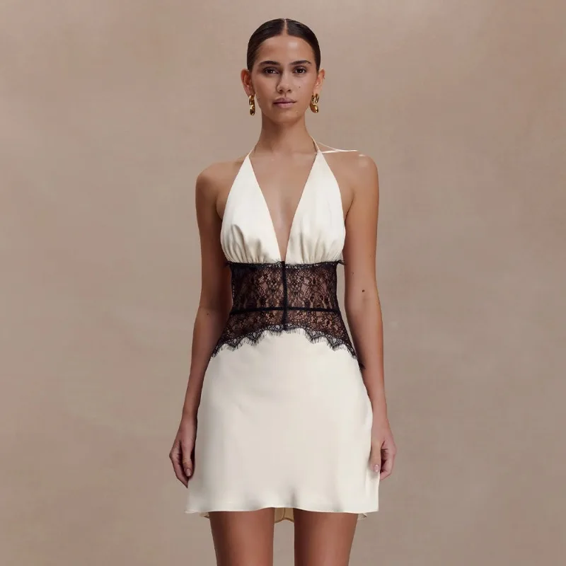 

Tuularose Elegant Lace V-Neck Dress Sexy Lace Patchwork Backless Halter Neck Dress Fashion Luxury Slim Women Party Evening Dress
