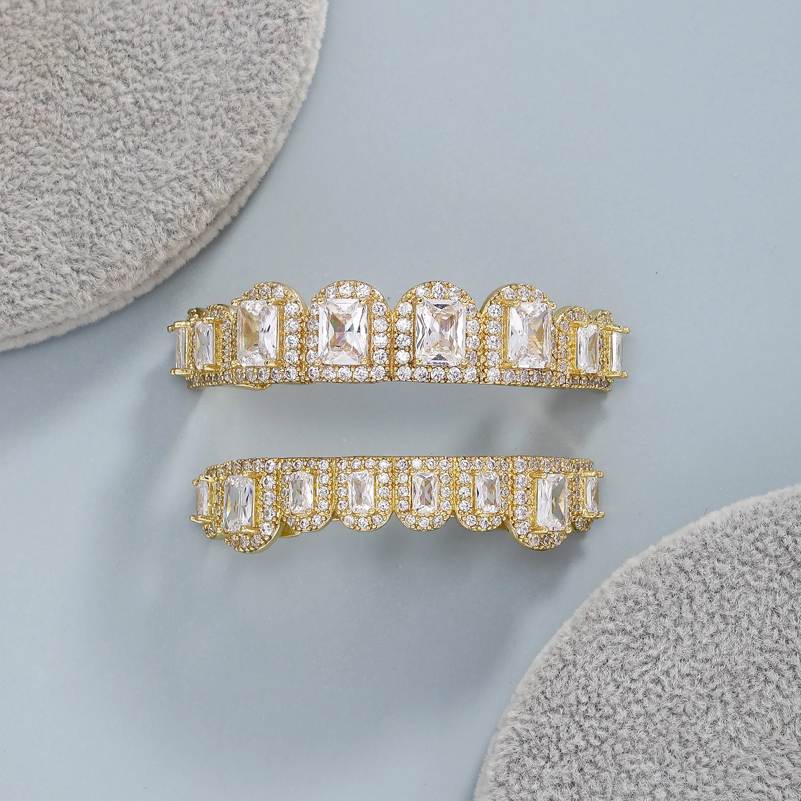 Gold Silver Plated Baguette Square CZ Grillz Iced Out Hip Hop Tooth Caps Halloween Cosplay Party Jewelry Set for Men Rapper