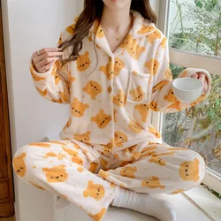 Disney Winnie The Pooh Pyjamas Pajama Ladies Winter Coral Velvet Cardigan Cartoon Sweet Cute Warm Flannel Homewear Set