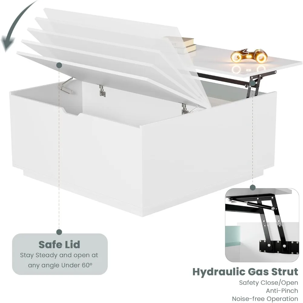 High Gloss Coffee Table with Storage,White Square Lift Top Coffee Tables with LED & Flip Lid, Small Modern Coffee Table for Livi