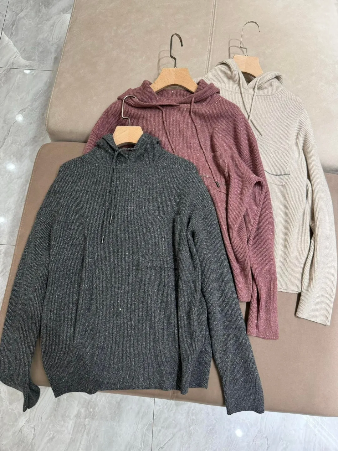 Autumn Women\'s B*C Cashmere Suit Hooded Sweater Elastic Waist Drawstring Small Straight Pants Set