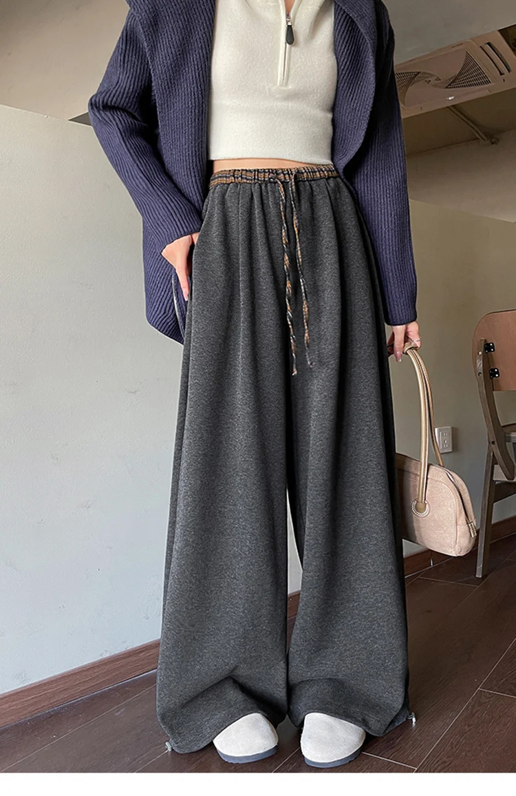

Color blocking checkered waist wide leg pants women autumn and winter high waist loose straight leg casual pants