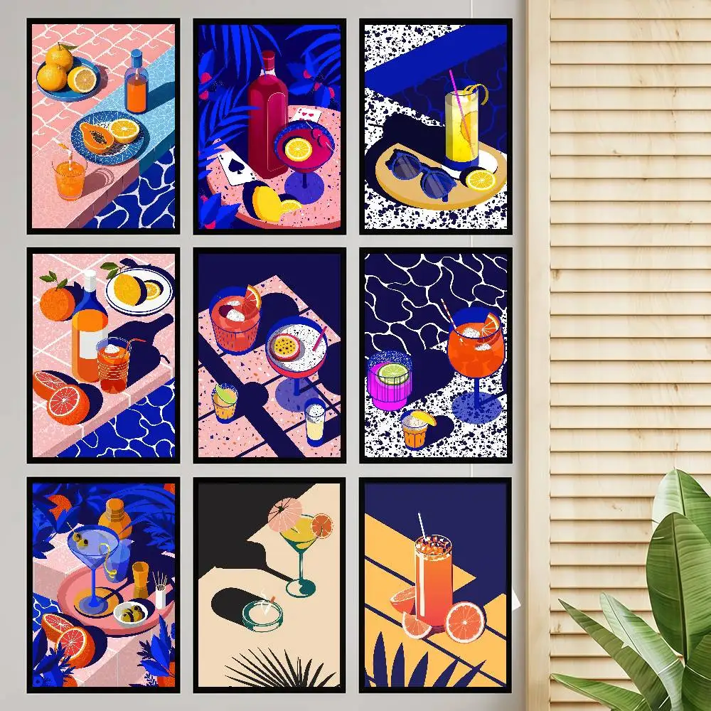 Póster de arte autoadhesivo de cóctel de piscina moderna, impresiones de papel blanco, carteles, obra de arte, pintura de pared de arte estético
