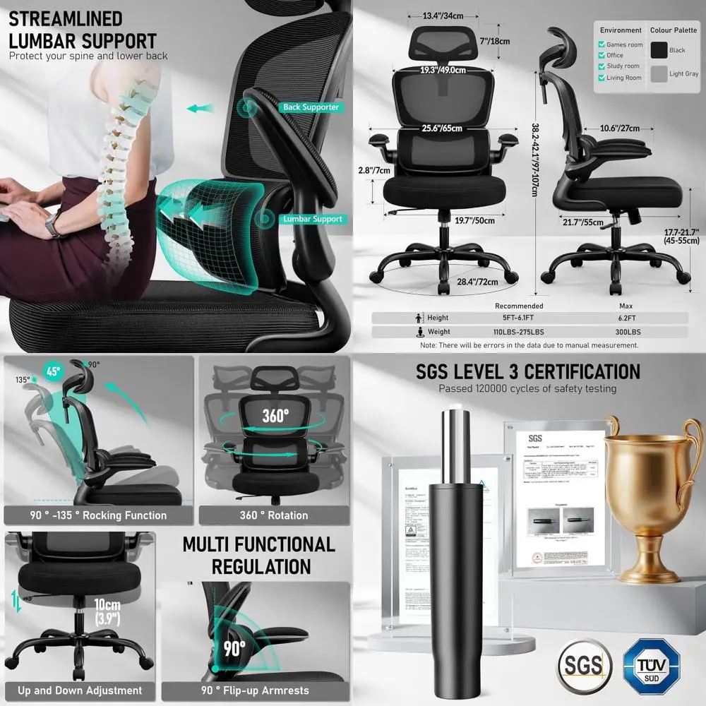 

Ergonomic High-Back Mesh Office Chair with Lumbar Support, Adjustable Headrest and Flip-Up Armrests for Comfortable Gaming