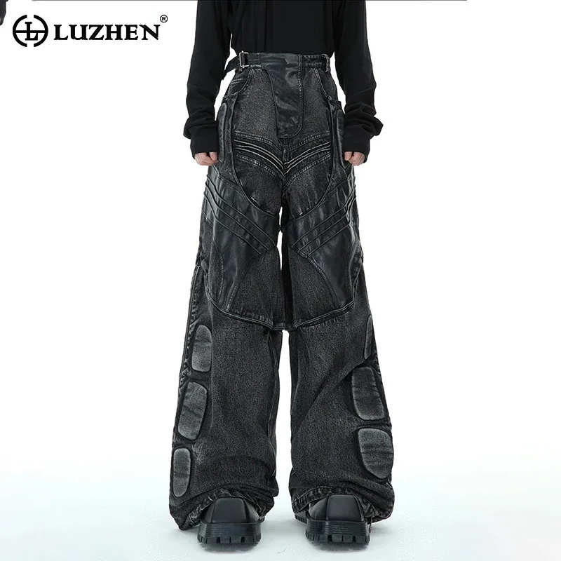 LUZHEN Jeans Niche Deconstructed PU Leather Splicing Original Trendy American Street Autumn Fashion Male Handsome Clothes LZ8203