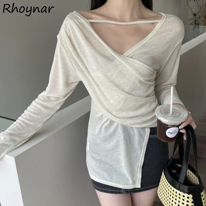 Long Sleeve T-shirts Women Autumn Office Ladies Elegant Clothing V-neck Criss-cross Irregular Fashion Korean Style Streetwaer