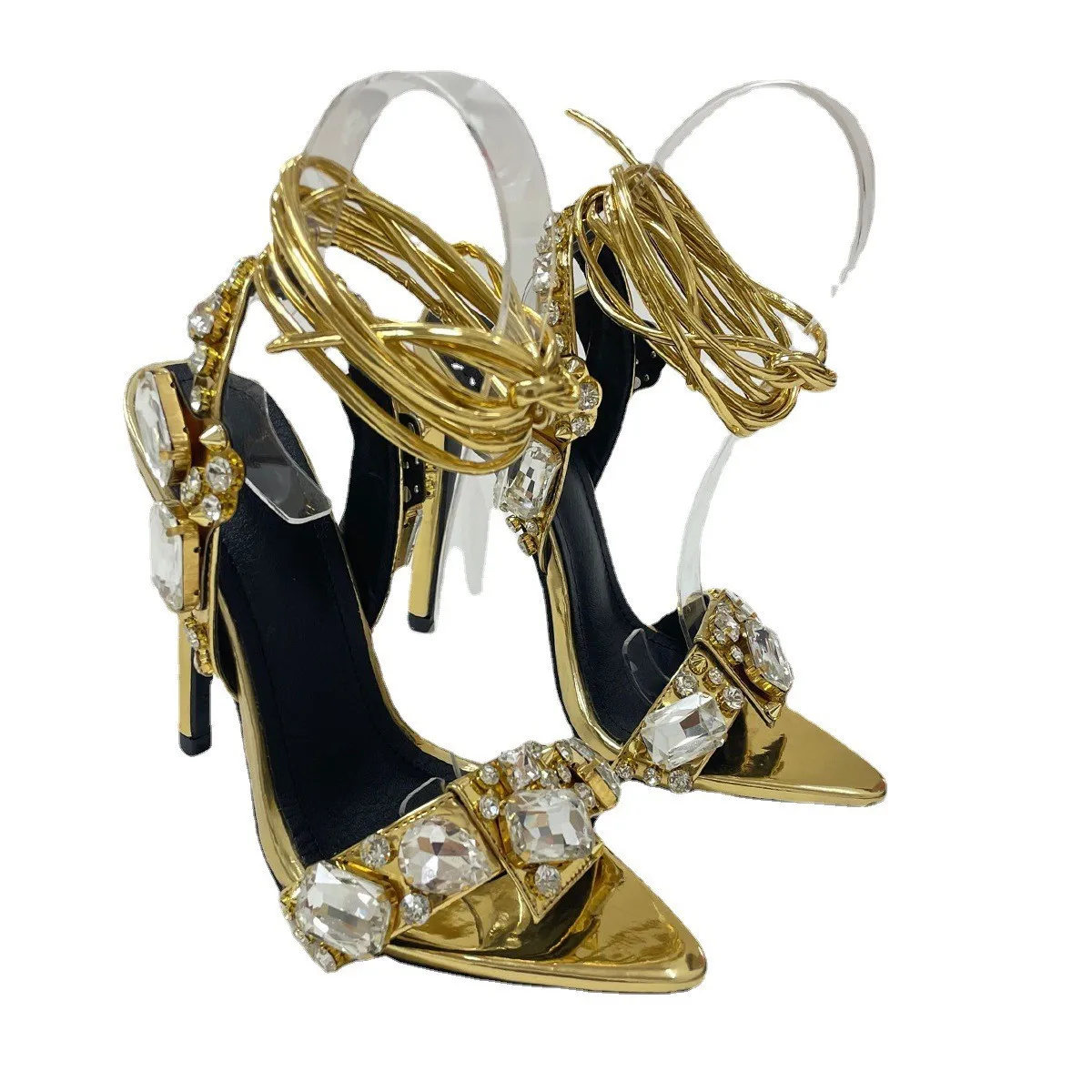 

Sexy Ankle Strap Golded Sandals Women Party Nightclub Heels High Quality Crystal Diamond Pointed Toe Wedding Shoe
