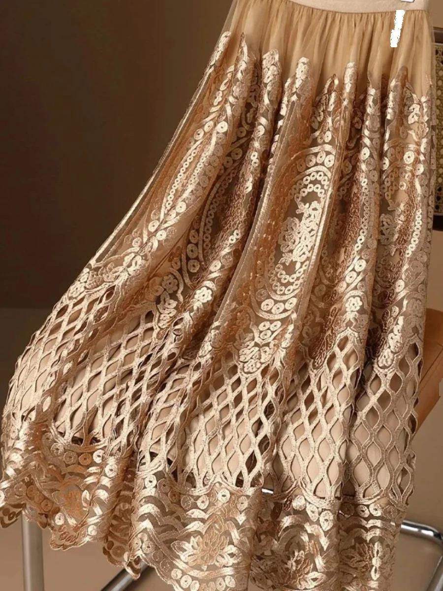 

High Waist A-Line Midi Skirt Hollow out Embroidery Women's Premium Faion Street Sle Mid-Length f Body Skirts