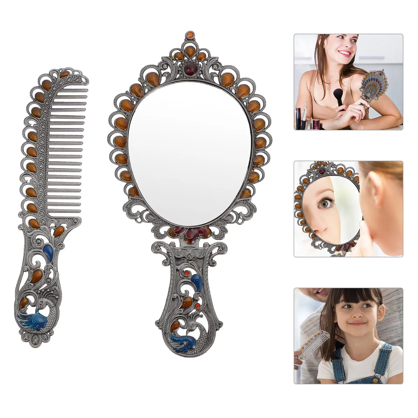 

1Set Elegant Embossed Peacock Retro Handle Mirror with Comb Compact Lightweight Travel Makeup Mirror for Women Portable Vanity