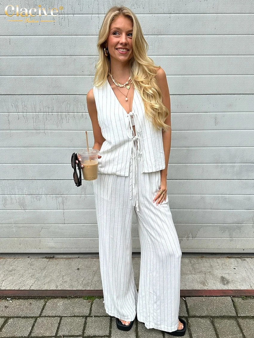 

Clacive Summer Loose Stripe 2 Piece Sets Women Outfit 2024 Fashion Sleeveless Tank Top With High Waist Wide Pants Set Streetwear