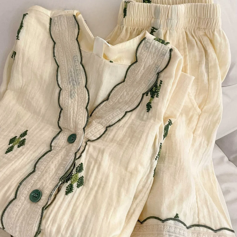 Guofeng Double-layer Gauze Pajamas Women's Short-sleeved Shorts Set New Chinese Cotton Yarn Loungewear Women's New Summer Models