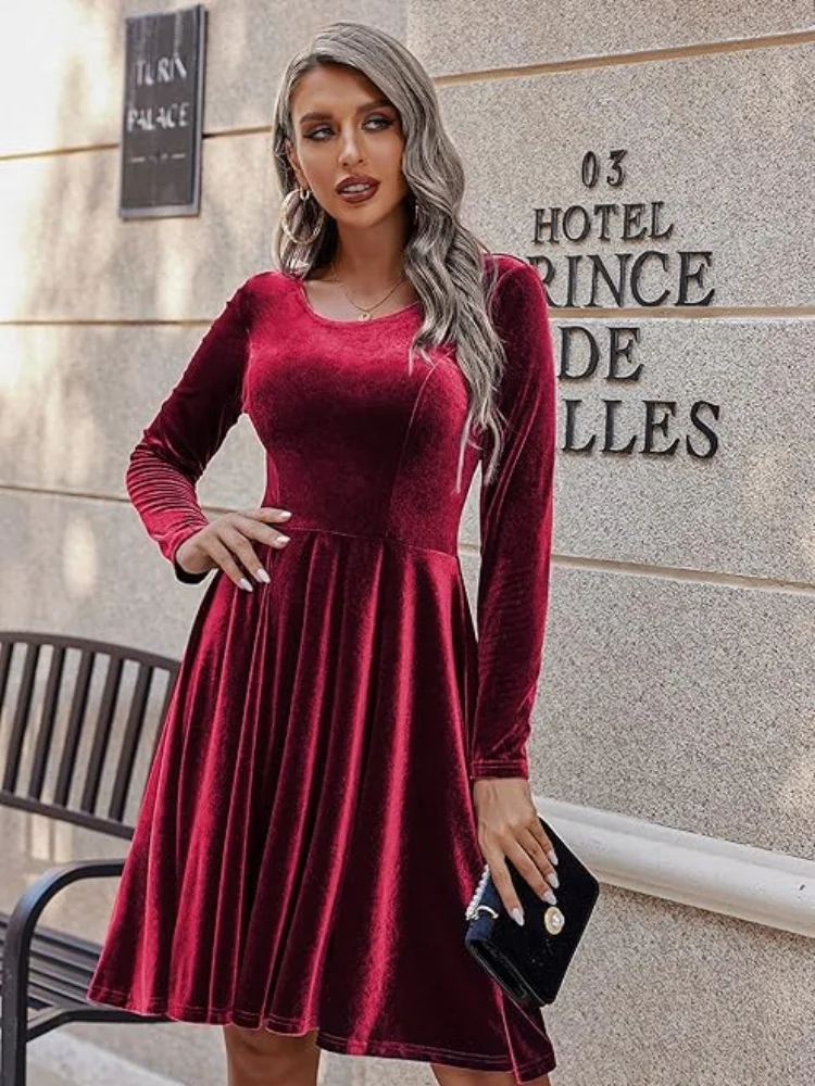 

2025 Autumn Winter Woman Long Sleeve Velvet Swing Dress Round Neck Multi Color for Elegant Retro Looks