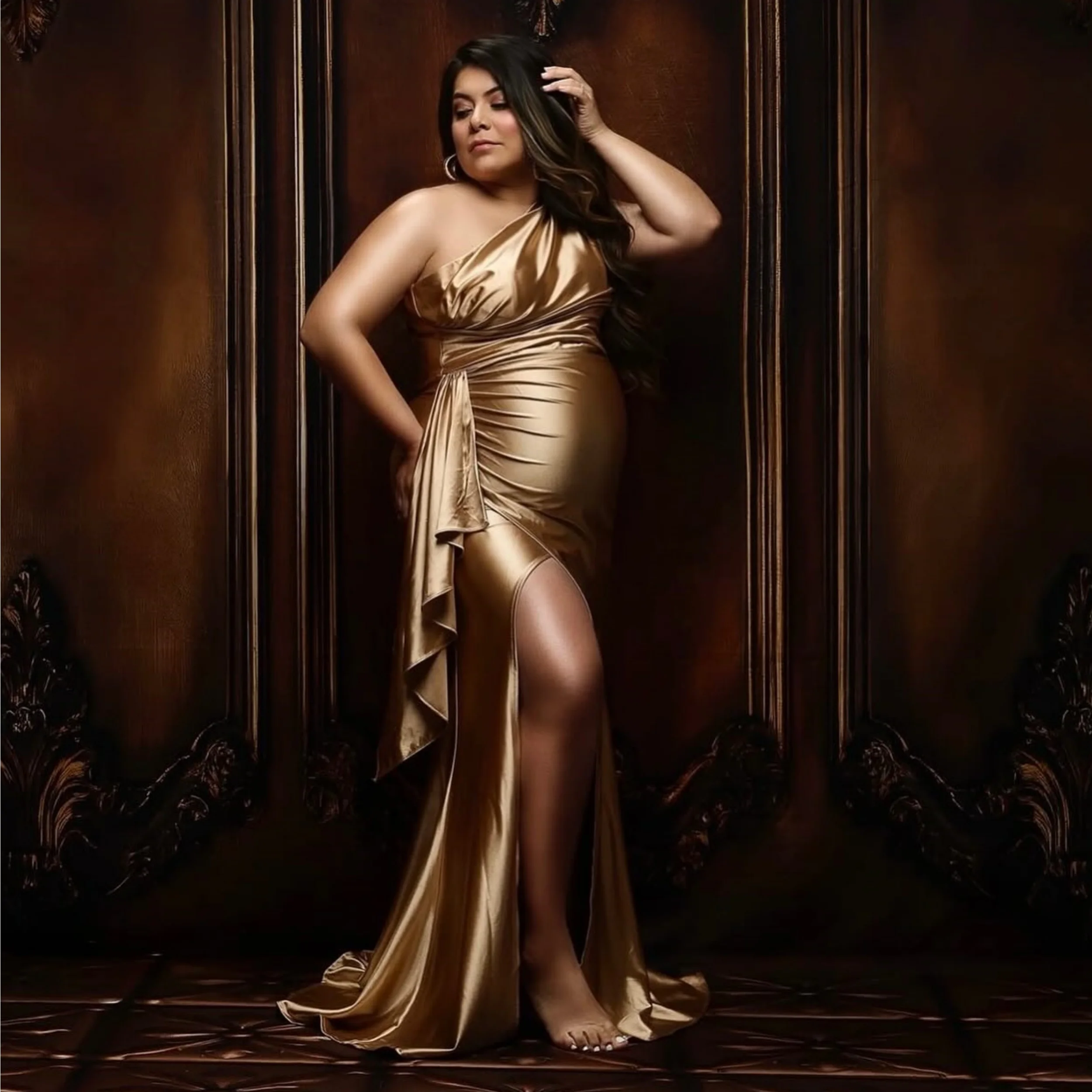 

Gold Mermaid Maternity Dress for Babyshower Simple One Shoulder Stain Women Customized Bathrobe Party Gown Ruffles Pregnancy