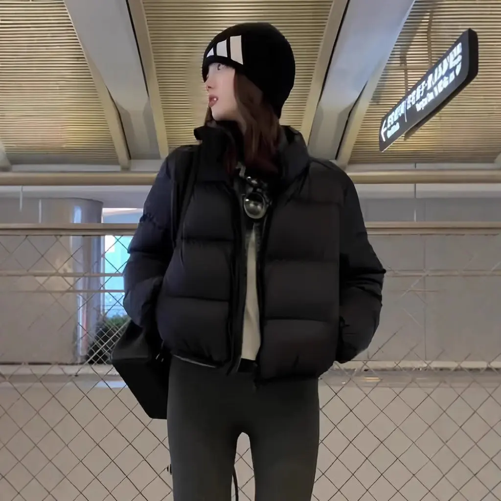 

Women's Kendall Jenner Cotton Jacket Short Coffee Color High-Waisted Stand Collar Puffer Versatile down Coat for European And