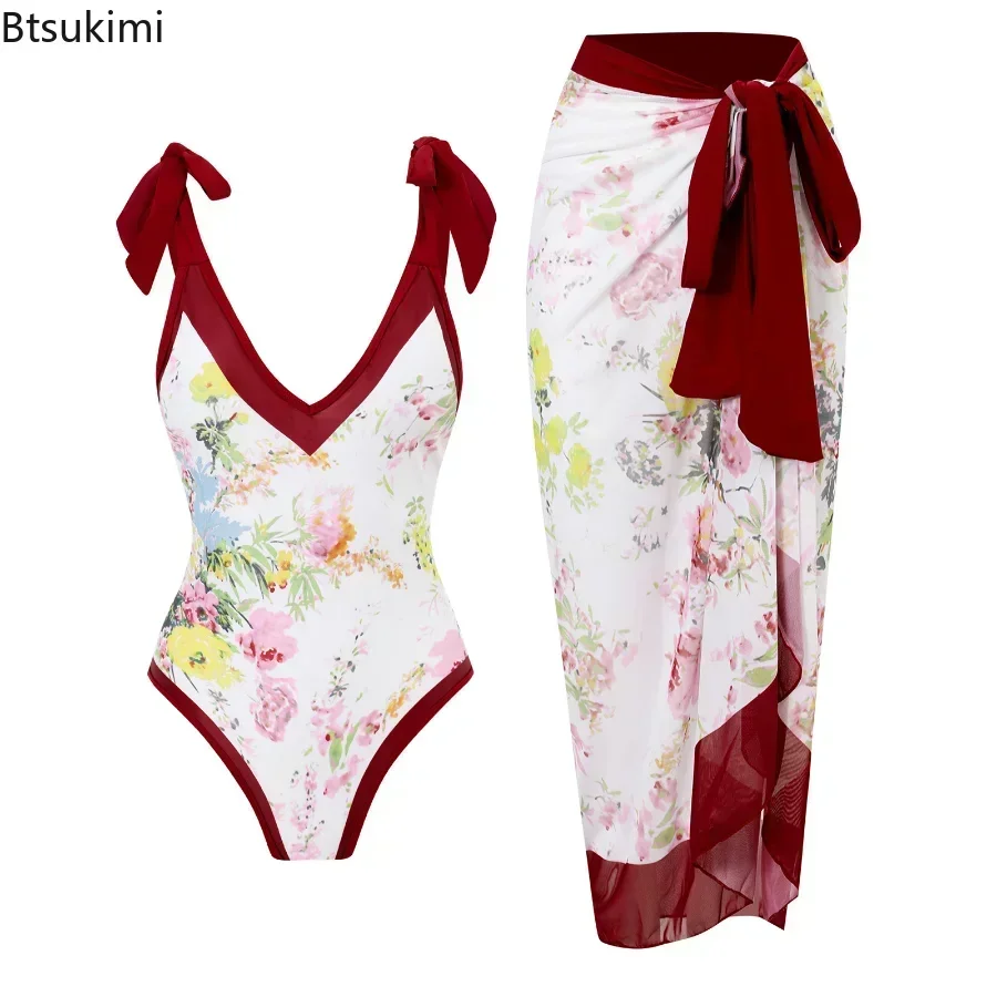 2025 New 2-Piece Women Bikini Set Bodysuit Skirt Cover Ups Sets Women Swimsuit Bandage Bathing Fashion Print Splice Beach Suit