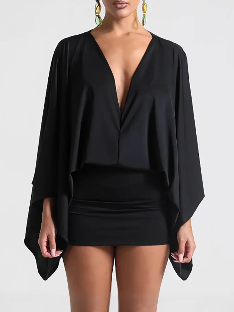 فستان نسائي كاجوال بأكمام تشبه جناح الخفّاش بلون سادة فستان قصير أنيق ثنيات من الساتان ملفوف على الورك مثير عميق على شكل حرف v عالي الخصر فستان قصير