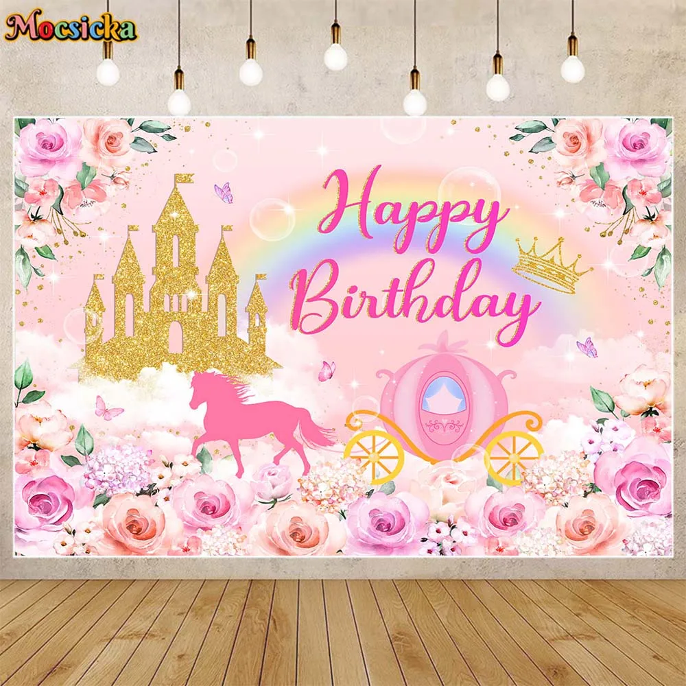 

Mocsicka Girl Birthday Backdrop Gold Castle Rainbow Flowers Princess 1st Birthday Party Decor Photo Background Cake Table Banner