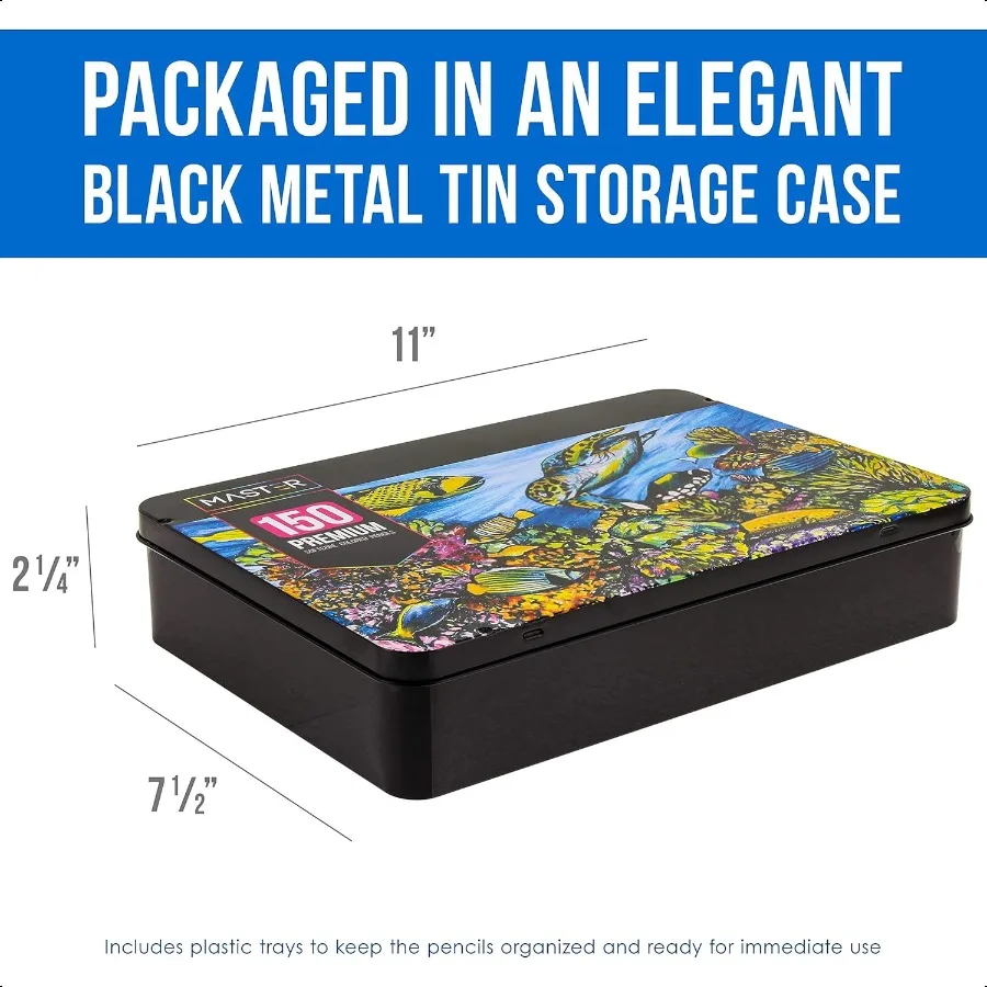 مجموعة أقلام رصاص ملونة ماستر 150 مع ألوان نابضة بالحياة ناعمة وسميكة ممتازة في صندوق تخزين من القصدير احترافي فائق النعومة