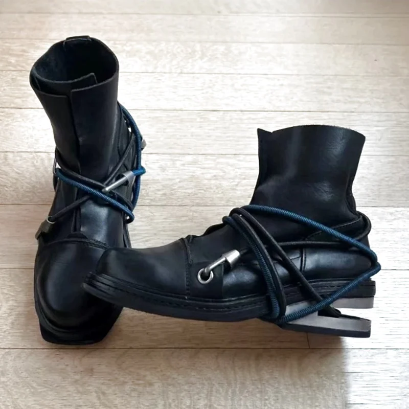 Retro Men's Genuine Leather Motorcycle Boots Cable Mountain Climbing Hook Crazy Lacing Boots Chunky Heel Mid-Calf Round Toe Boot