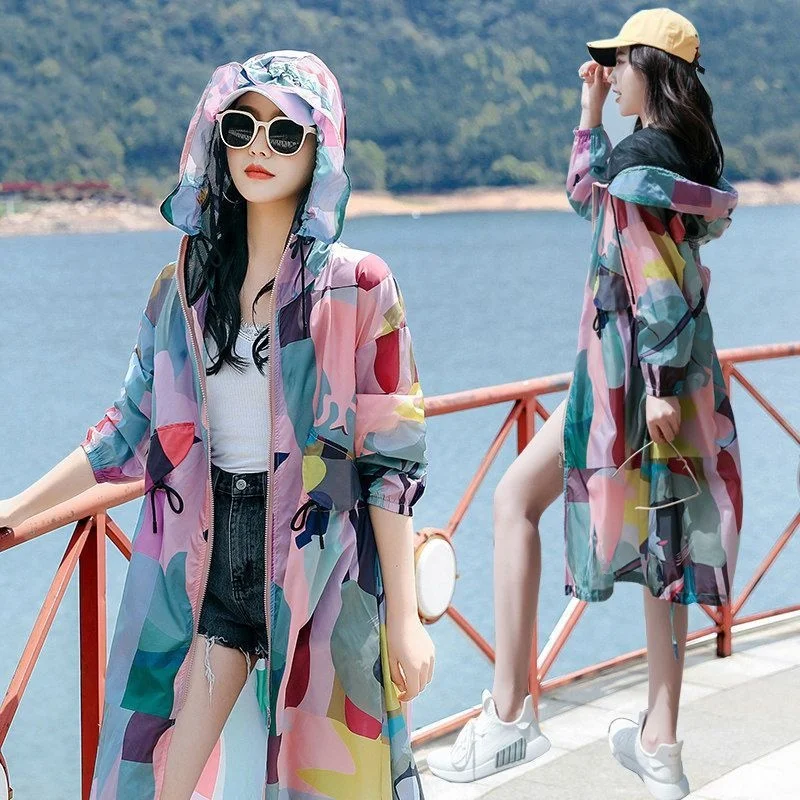 新しい女性の夏の長くゆったりとした韓国スタイルの日焼け止め服電気自動車帽子サンシェード上着ポリエステル繊維