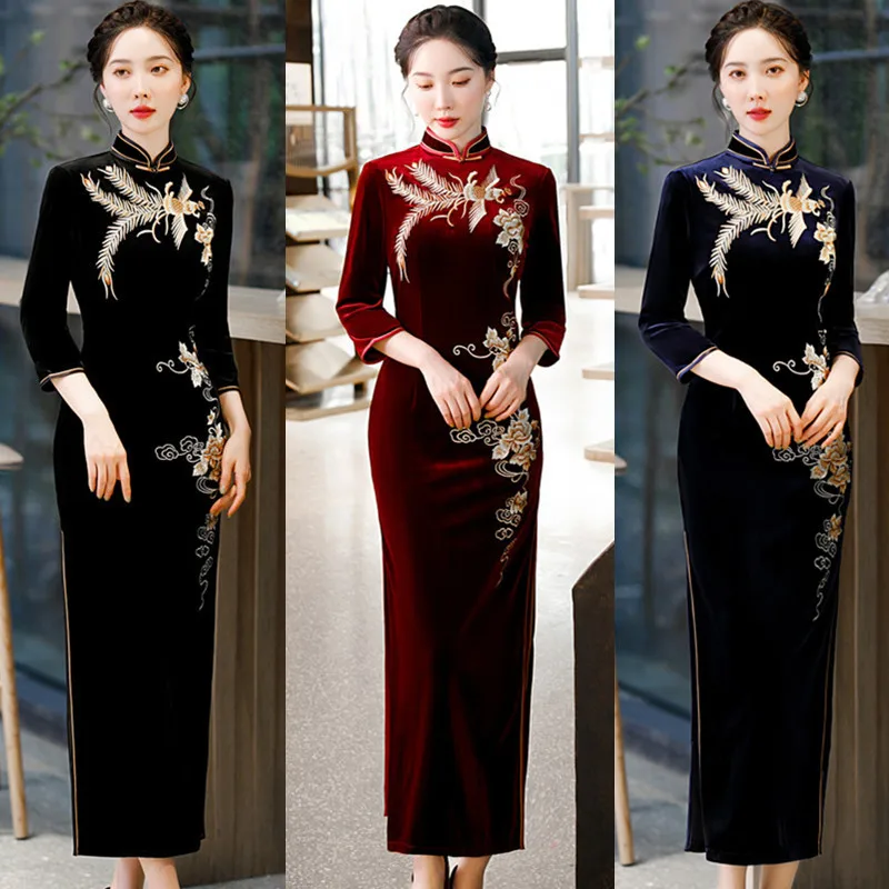 

Long Sleeve Gold Velvet Cheongsam Winter 2024 New Embroidery Chinese Traditional Daily Tang Suit Qipao Evening Dress For Women