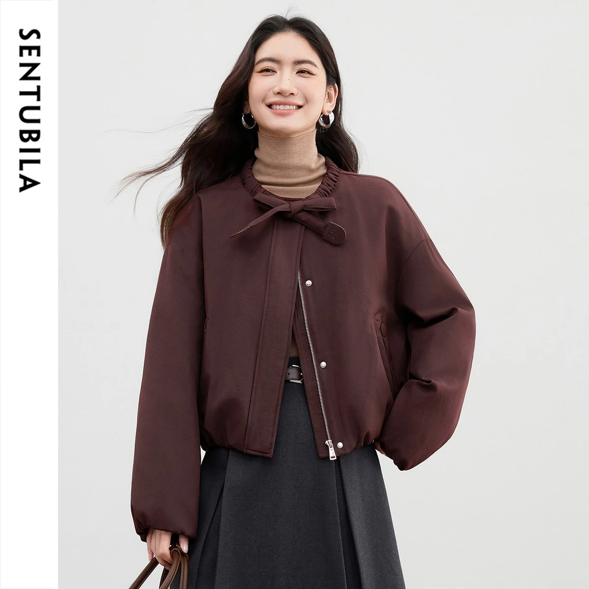 SENTUBILA Women 90% White Duck Down Jacket Winter Petite Tie Rib Crew Neck Loose Lightweight Short Commuter Outerwear W54YC2031
