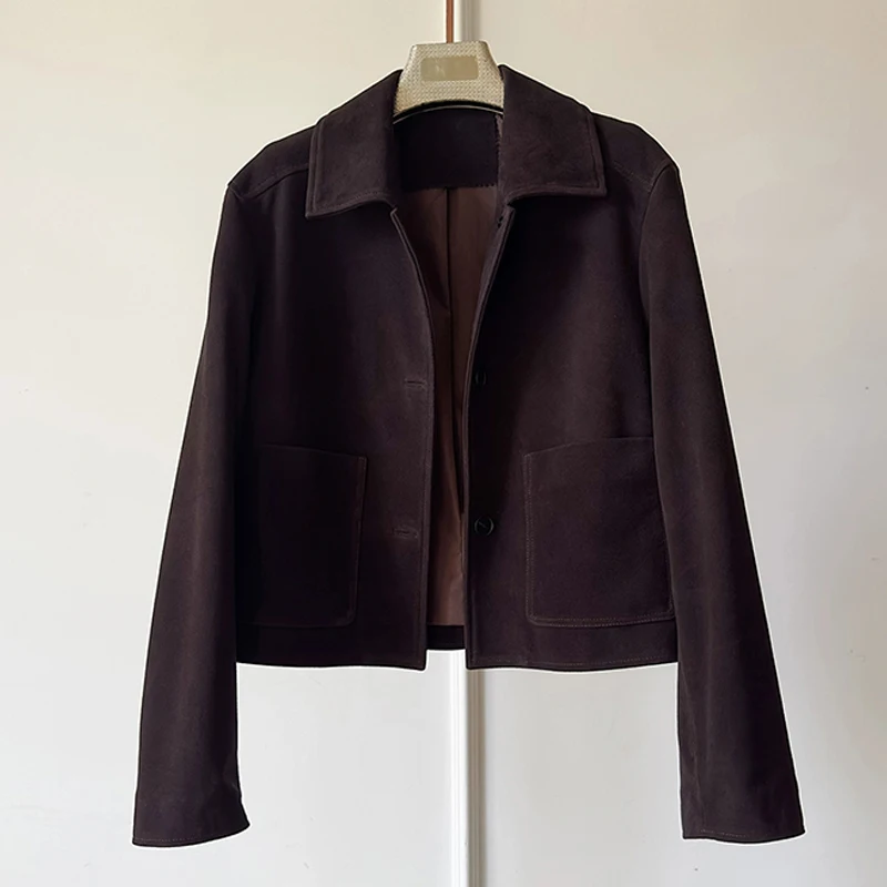 100 % echtes Leder Damen Ziegenleder Kid Wildleder Jacke Mantel 2026 Hohe Luxus weibliche lässig einfache schlanke kurze Lederjacke Tops