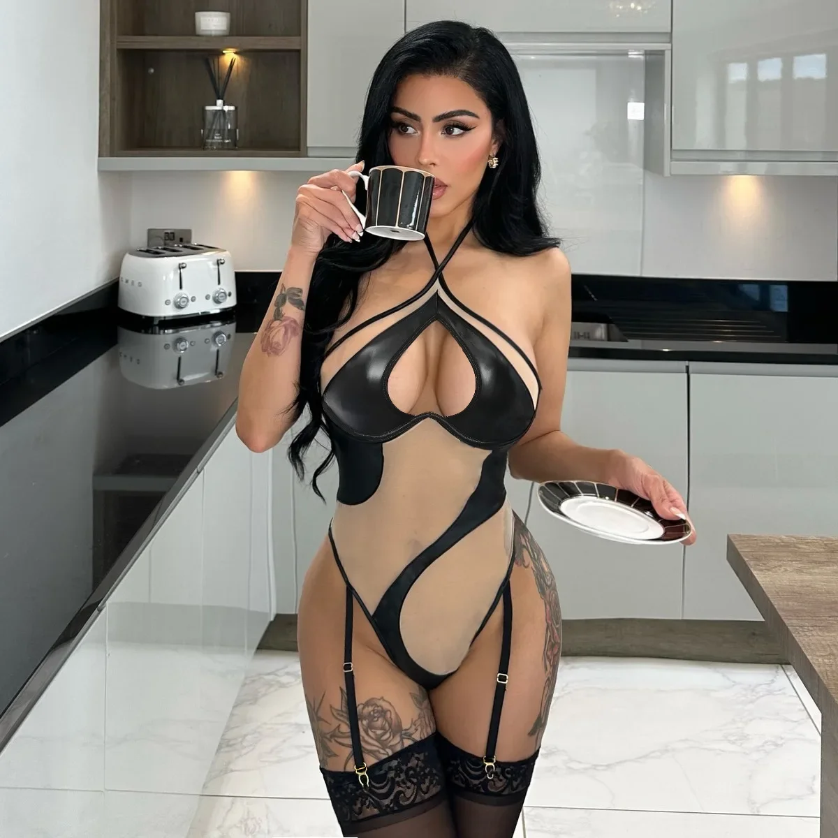 

2025 Sexy Women Black Lingerie Bodysuit Sheer Mesh Pactwhork Sleeveless Halter Neck Jumpsuit Slim Fit Bodycon Sleepwear