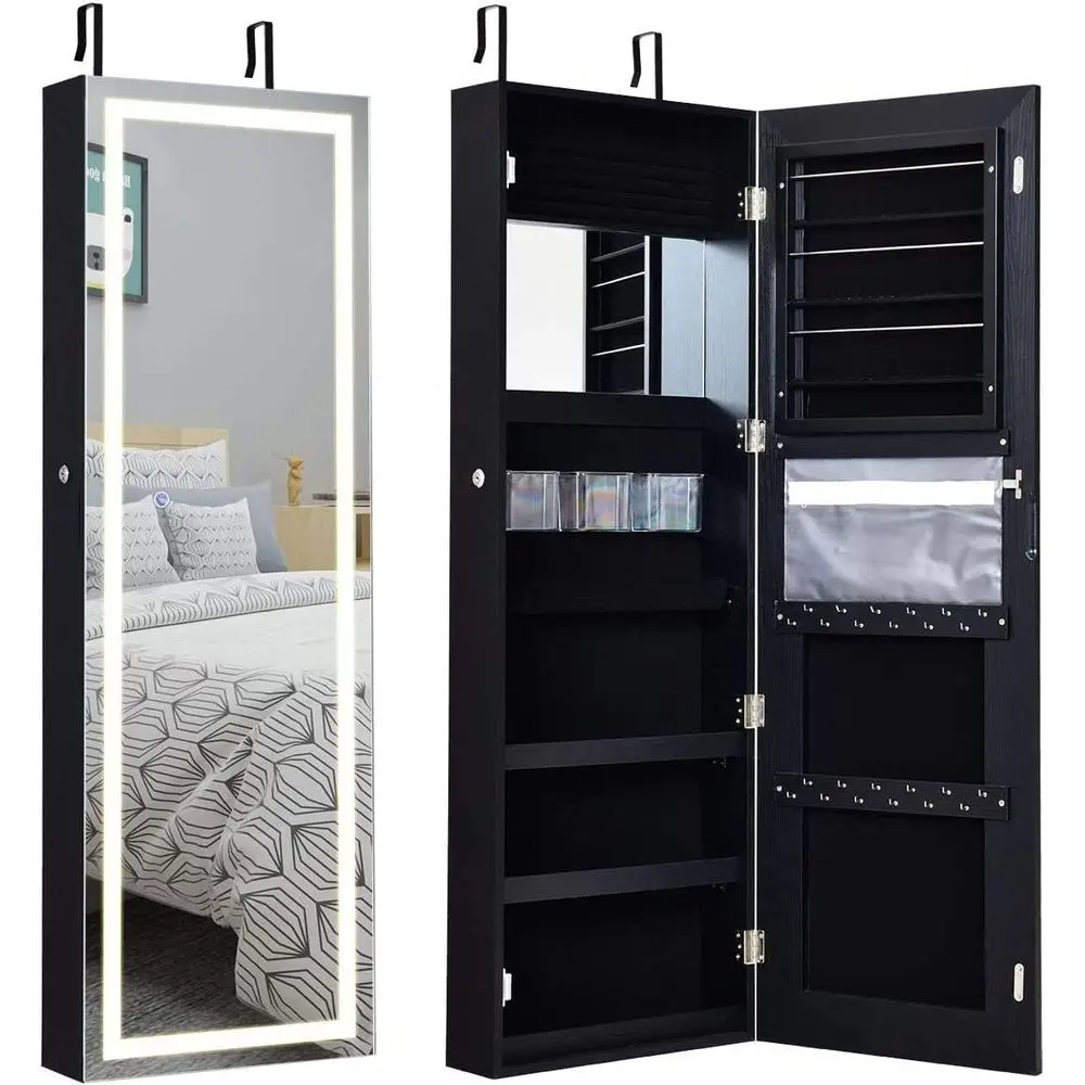 Contemporary Wall-Mounted Lockable Mirrored Cabinet with Full-Length Mirror and 3-Color LED Lights for Living Room or Bedroom