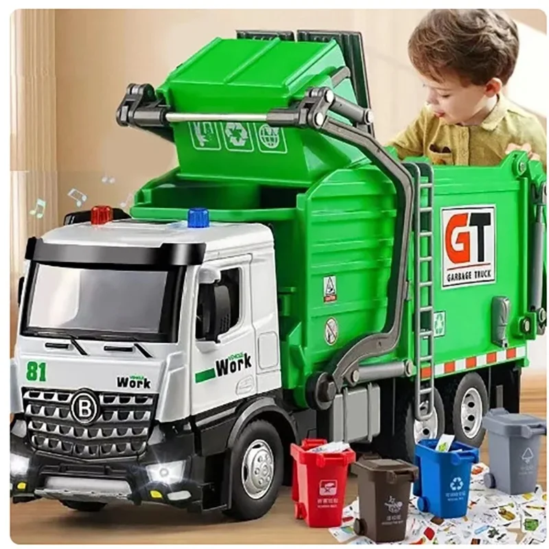 Boy Garbage Truck Toy Simulation Sanitation Truck Metal Die-Casting Friction Power Toy Garbage Truck With Light And Sound Model