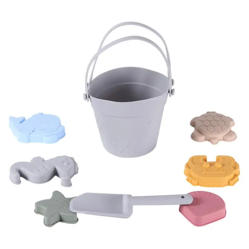 Conjunto de 8 brinquedos de praia de silicone ecológico para crianças, diversão, verão, ao ar livre, com balde