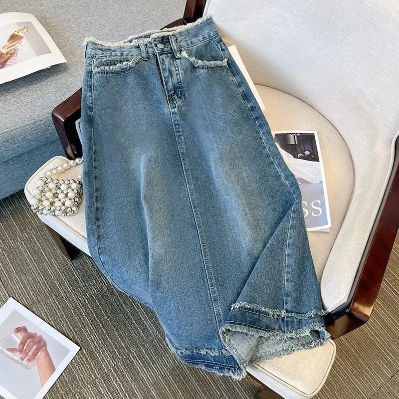 Women's Denim Wrap Skirts Retro High Waist Slit A-Line Denim Pockets Skirt Autumn Fashion Straight Ripped Jeans Skirt Female