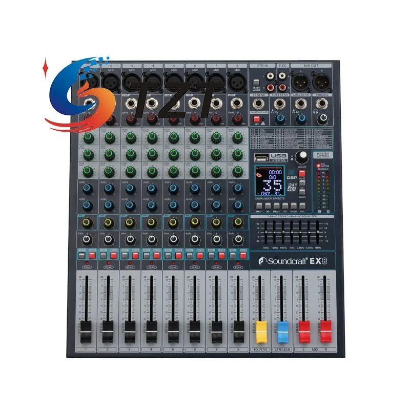 TZT EX8 8-Channel Portable Audio Mixer Bluetooth USB Reverberation Professional Mixer for Stage Performance Support MP3 Input