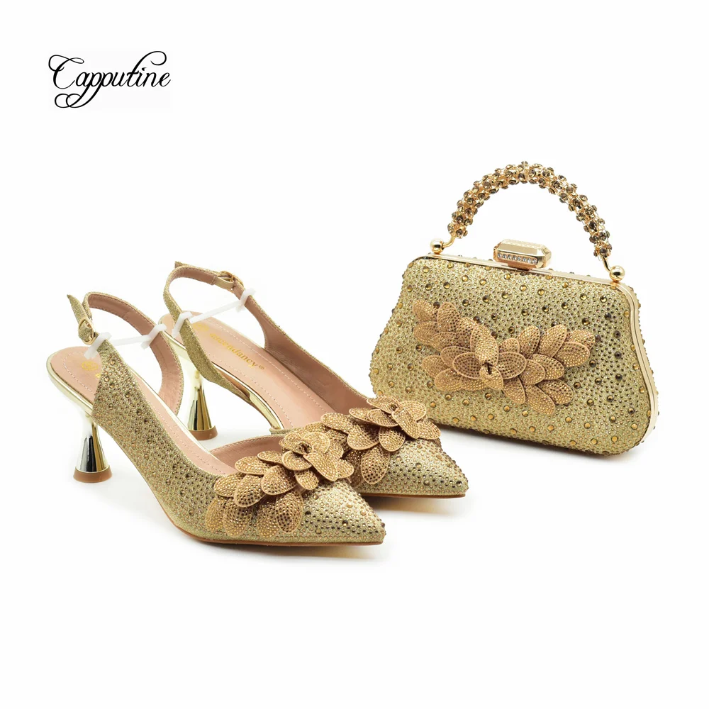 Champagne Women Shoes And Bag Set African Ladies High Heels Pumps With Handbag Clutch Nigerian Sandals Escarpins Femme 938-94