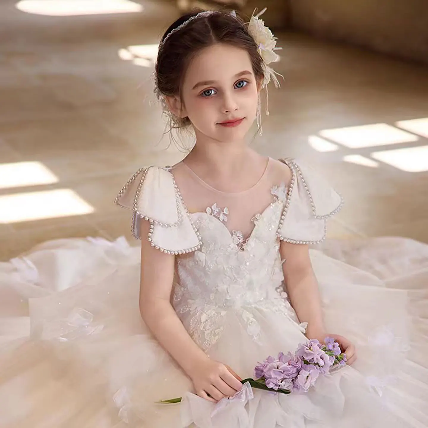 Dreamy Vow D317 Abito da ragazza di fiore in tulle con fiocco a cuore di lusso Principessa araba Prom per bambini Matrimonio Compleanno Festa Spettacolo