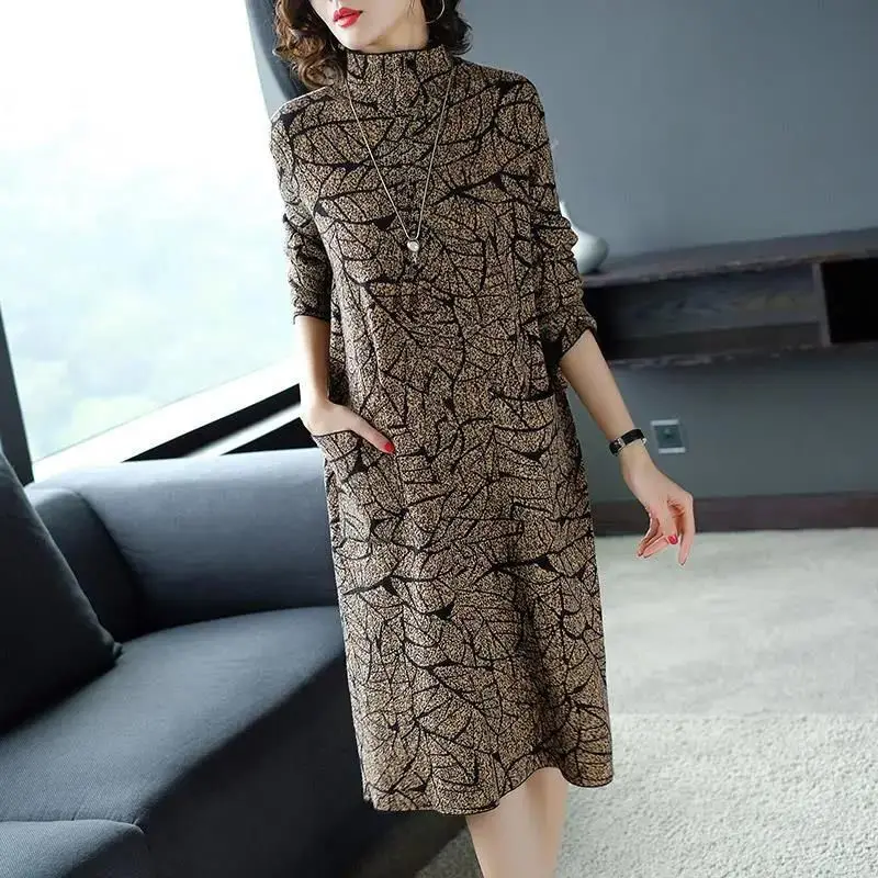 

Fashion Vintage Plant Flowers Printed Dresses Female Clothing Half High Collar Autumn Winter Casual Pockets Spliced Midi Dress